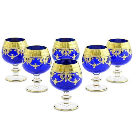 Бокалы для коньяка DINASTIA BLU, набор 6 шт, хрусталь синий/декор золото 24К