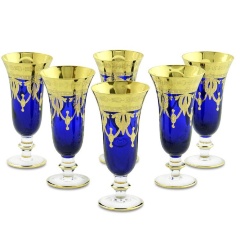 Бокалы для шампанского DINASTIA BLU, набор 6 шт, хрусталь синий/декор, золото 24К
