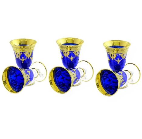 Рюмки DINASTIA BLU, набор 6 шт, хрусталь синий/декор, золото 24К