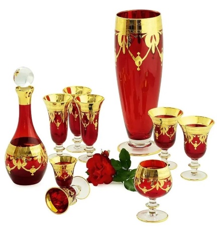 Бокалы для вина/воды DINASTIA ROSSO, набор 2 шт., хрусталь красный/декор, золото 24К