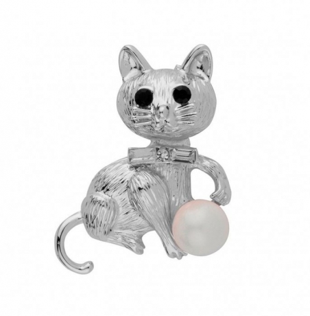 Брошь Кошка с жемчужиной FAN-07051.1 BW/S Shadore