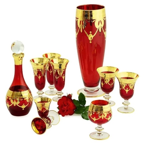 Бокалы для вина/воды DINASTIA ROSSO, набор 6 шт, хрусталь красный/декор, золото 24К