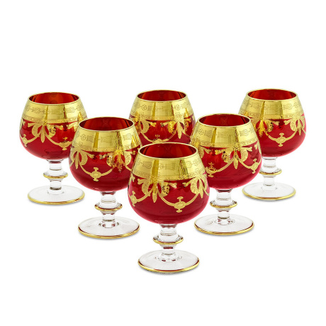 Бокалы для коньяка DINASTIA ROSSO, набор 6 шт, хрусталь красный/декор, золото 24К