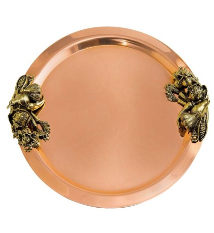 Поднос декоративный круглый с накладками "Овощи" медный