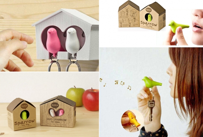 Держатель+брелок для ключей двойной Sparrow, коричневый/белый/фиолетовый, Qualy