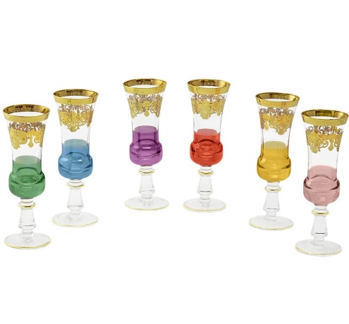 Бокалы для шампанского FIRENZE, набор 6 шт, хрусталь разноцветный/декор, золото 24К