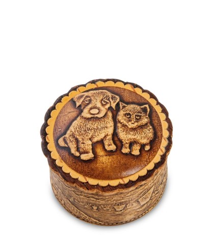 BST-118/ 1 Шкатулка "Кошка с собакой" мал. (береста)