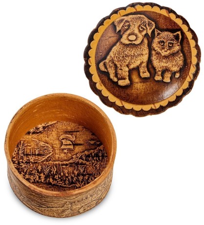 BST-118/ 1 Шкатулка "Кошка с собакой" мал. (береста)