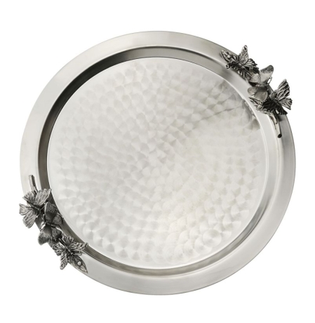 Поднос декоративный круглый с накладками "Бабочки" латунный посер. с черн.