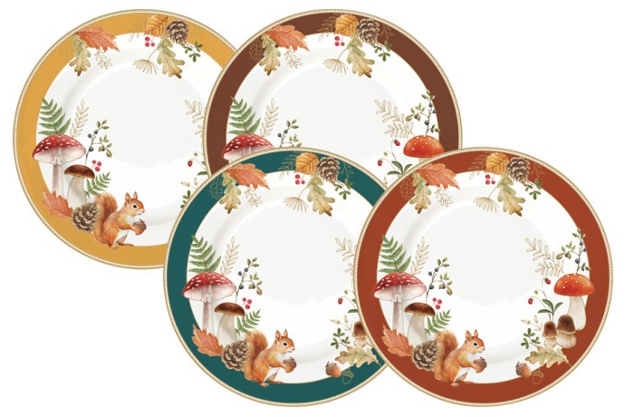 Тарелка десертная, 19 см, 4 шт, фарфор P, белая, Микс, Белка и грибы, Autumn Breeze, Easy Life
