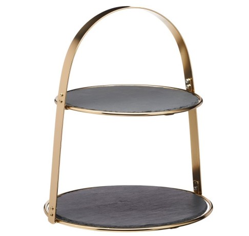 Подставка 2-ярусная латунная для торта с круглыми сланцевыми сервировочными тарелками Kitchen Craft