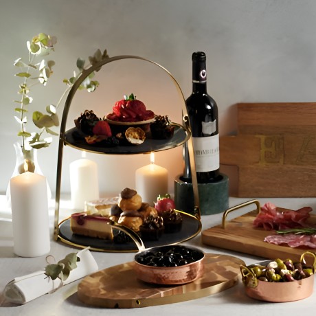 Подставка 2-ярусная латунная для торта с круглыми сланцевыми сервировочными тарелками Kitchen Craft