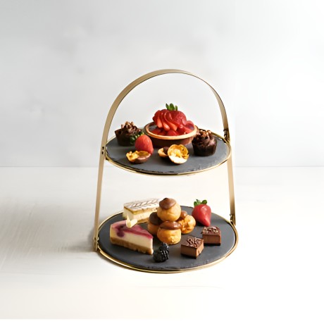 Подставка 2-ярусная латунная для торта с круглыми сланцевыми сервировочными тарелками Kitchen Craft