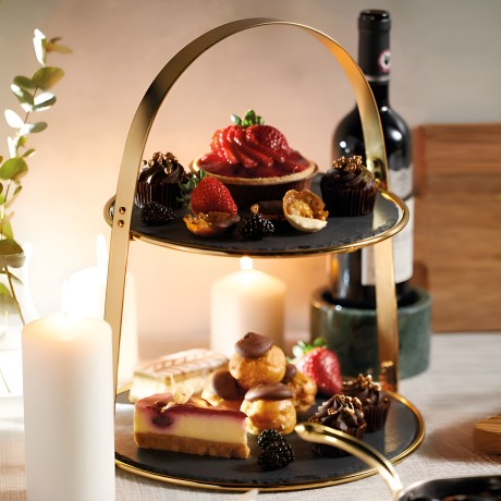 Подставка 2-ярусная латунная для торта с круглыми сланцевыми сервировочными тарелками Kitchen Craft
