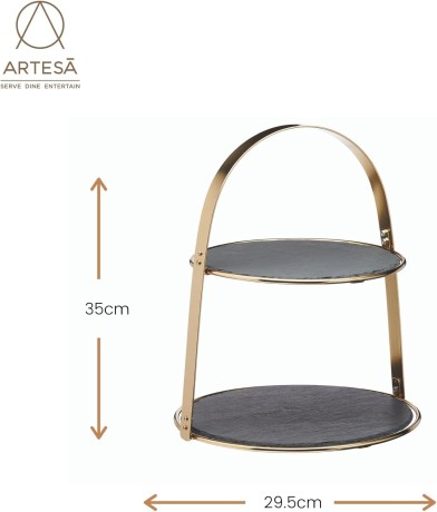 Подставка 2-ярусная латунная для торта с круглыми сланцевыми сервировочными тарелками Kitchen Craft