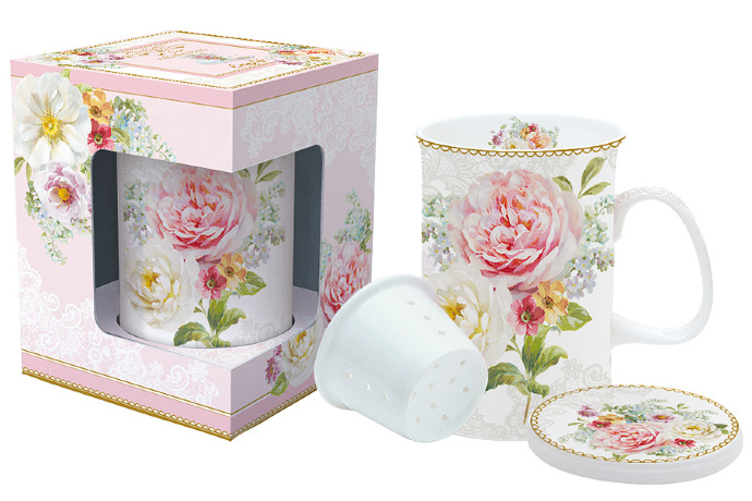 Кружка заварочная с ситечком и крышкой Цветочная романтика R2S, 0.3 л.