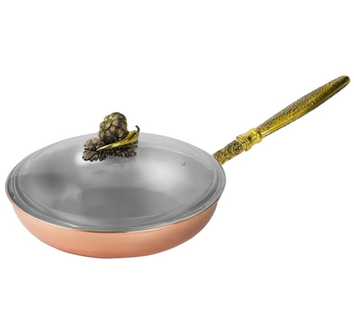 Сковорода средняя медная с луж. с крышкой "Чеснок" с резной ручкой