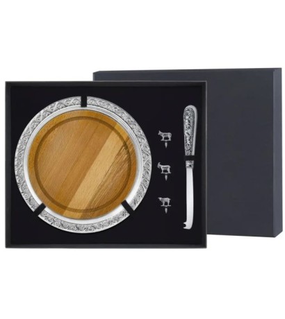 Набор для сыра "Охотничий" 6пр+футляр с разделочной доской и подносом посереб.