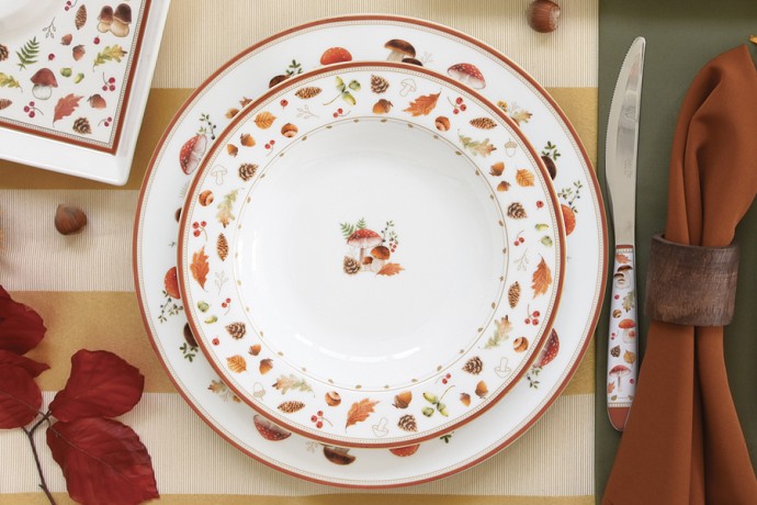 Тарелка суповая, 21,5 см, фарфор P, белая, Грибы и листья, Autumn Breeze, Easy Life