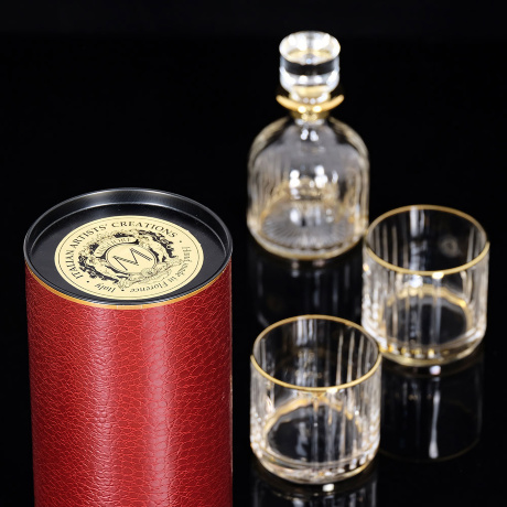 Комплект для виски BINGO, графин + 2 стакана, хрусталь янтарный/декор золото 24К, Тубус