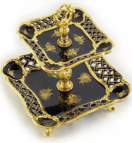 Менажница 2-х ярусная, 32х32х35 см. AMANTE BLU, керамика/латунь