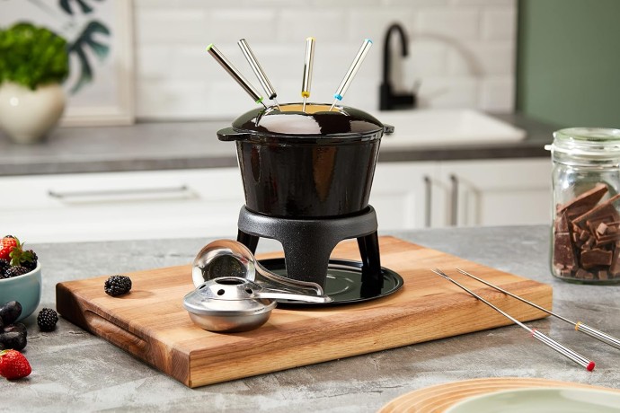 Набор для приготовления фондю (кастрюля, горелка, вилки 6шт.) чугунный покрыт BLACK эмалью KC Kitchen Craft