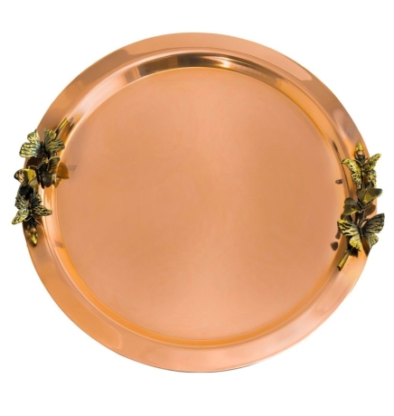 Поднос декоративный круглый с накладками "Бабочки" медный