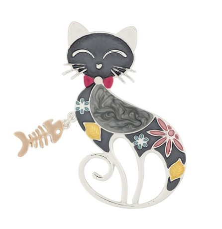 Брошь Кошка с рыбкой XZ0864.2 BW/S Shadore