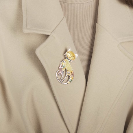 Брошь Кошка с рыбкой XZ0864.2 BW/S Shadore