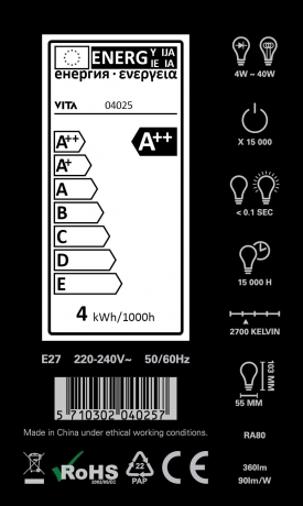 Энергосберегающая лампа Vita Idea LED A++, 4W-E27
