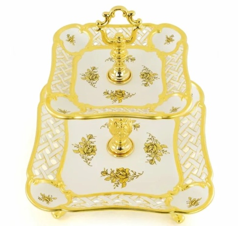 Менажница, 32х32х35 см. 2 яруса. FIORI GOLD, керамика/латунь