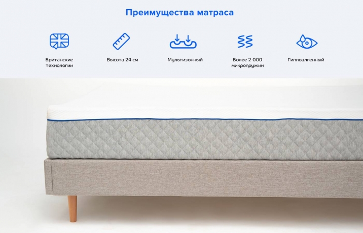 Матрас Blue Sleep Hybrid, коллекция "Блу слип Гибрид" 200*24*200, Ткань, Пеноматериал, Белый