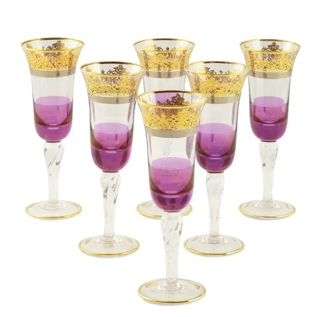 Бокалы для шампанского LUCIANA, набор 6 шт, хрусталь фиолетовый/декор золото 24К