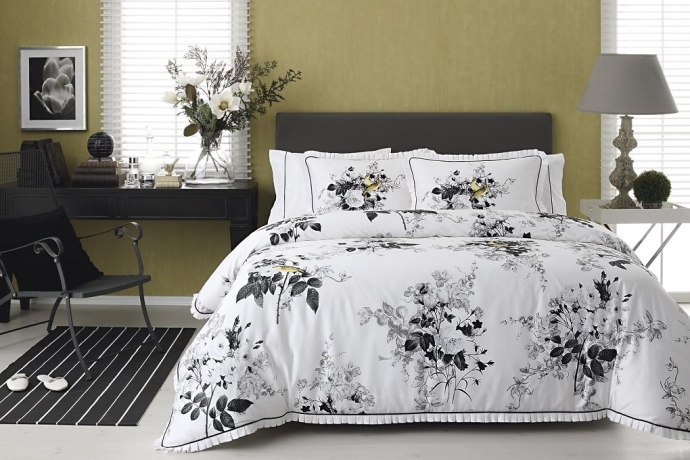 Комплект постельного белья VALERON SATIN с вышивкой, 2 сп. "LORRAINE" серый