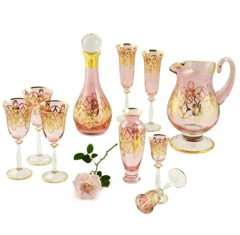 Бокалы для вина/воды VENEZIA, набор 2 шт, хрусталь розовый/декор золото 24К