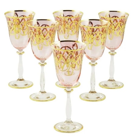 Бокалы для вина/воды VENEZIA, набор 6 шт, хрусталь розовый/декор золото 24К