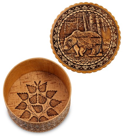 BST-104/ 3 Шкатулка "Медведь" круглая (береста)