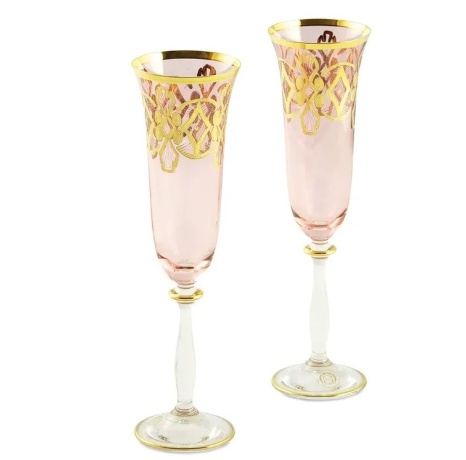 Бокалы для шампанского VENEZIA, набор 2 шт, хрусталь розовый/декор золото 24К