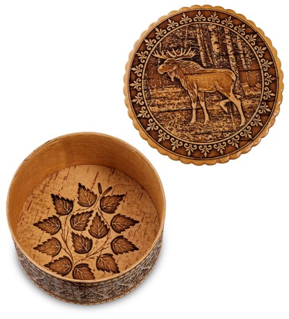 BST-104/ 1 Шкатулка "Лось" круглая (береста)