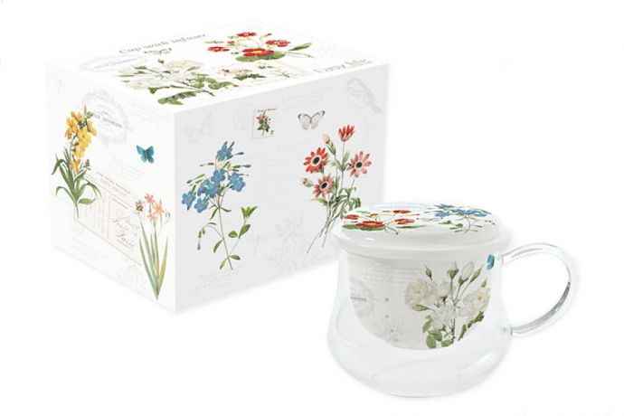 Чашка стеклянная с фарфоровой вставкой для заваривания чая Ботанический сад