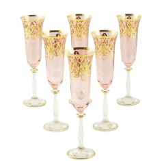 Бокалы для шампанского VENEZIA, набор 6 шт, хрусталь розовый/декор золото 24К