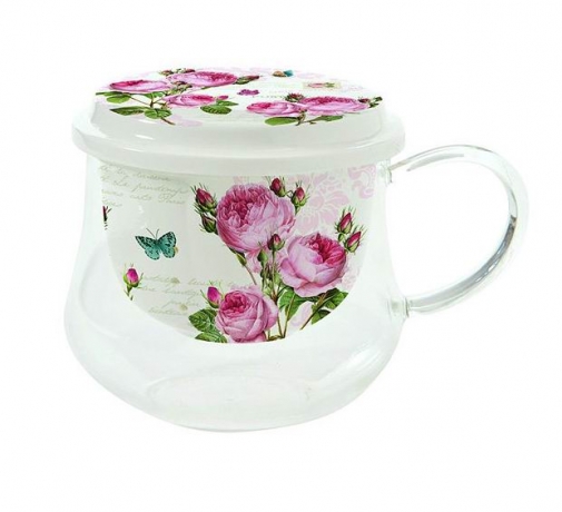 Чашка стеклянная с фарфоровым ситечком Розы, R2S