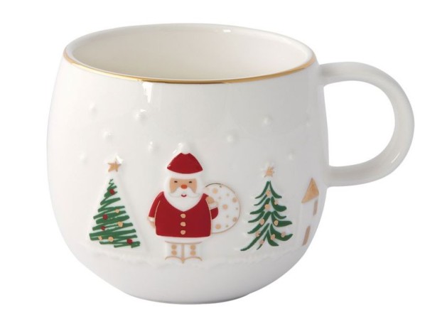 Кружка, 400 мл, фарфор P, белая, с золотым кантом, Дед Мороз, Let It Snow, Easy Life