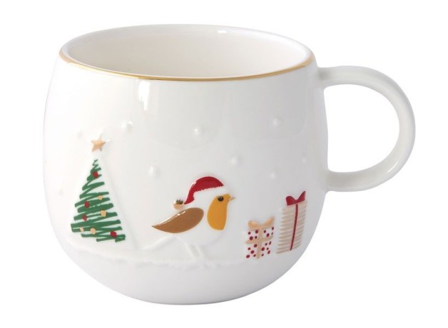 Кружка, 400 мл, фарфор P, белая, с золотым кантом, Птичка, Let It Snow, Easy Life
