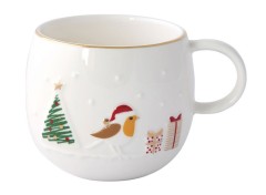 Кружка, 400 мл, фарфор P, белая, с золотым кантом, Птичка, Let It Snow, Easy Life