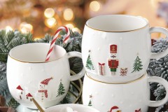 Кружка, 400 мл, фарфор P, белая, с золотым кантом, Снеговик, Let It Snow, Easy Life