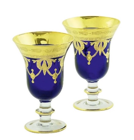 Бокалы для вина/воды DINASTIA BLU, набор 2 шт, хрусталь синий/декор золото 24К