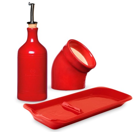 Набор Солонка, бутылка д/масла и уксуса + подставка в подарок, цвет: гранат Emile Henry